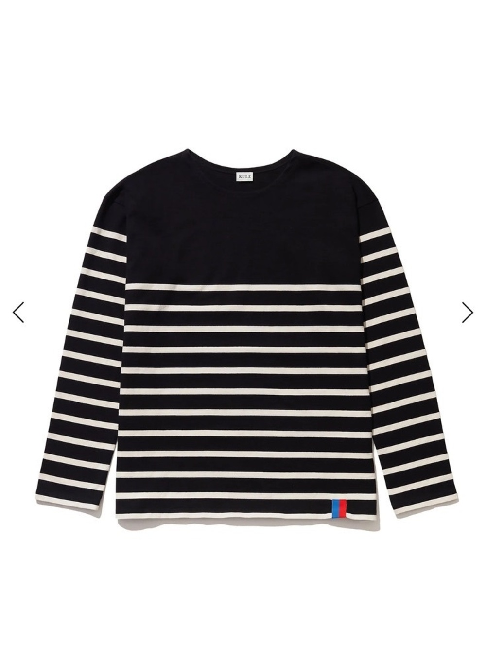 KULE Black and White Striped Long-Sleeve Breton Top with Red & Blue Hem Tab